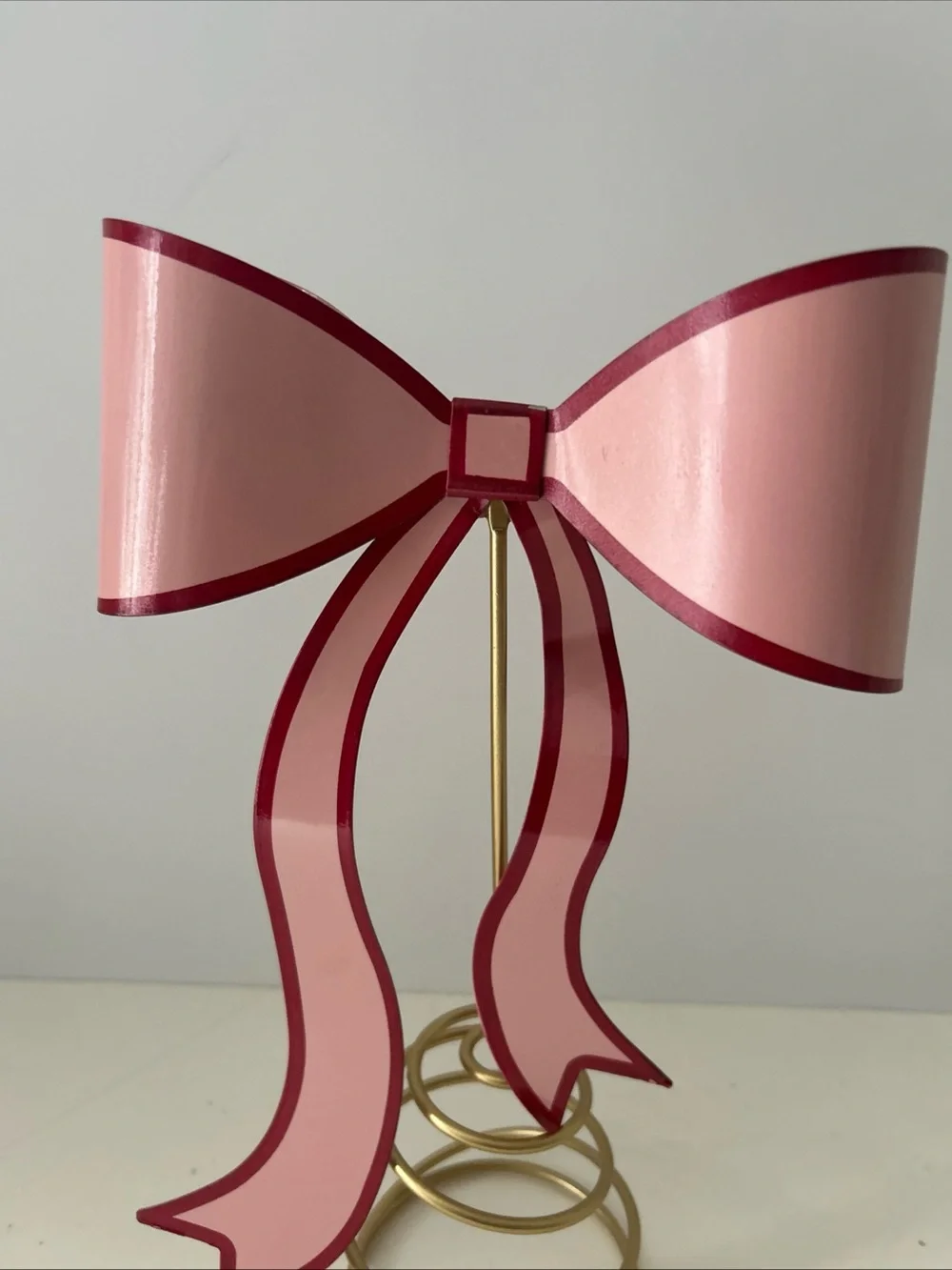 Pink Ribbon Bow Christmas Valentine’s Day Tree Topper Decor with Gold Base